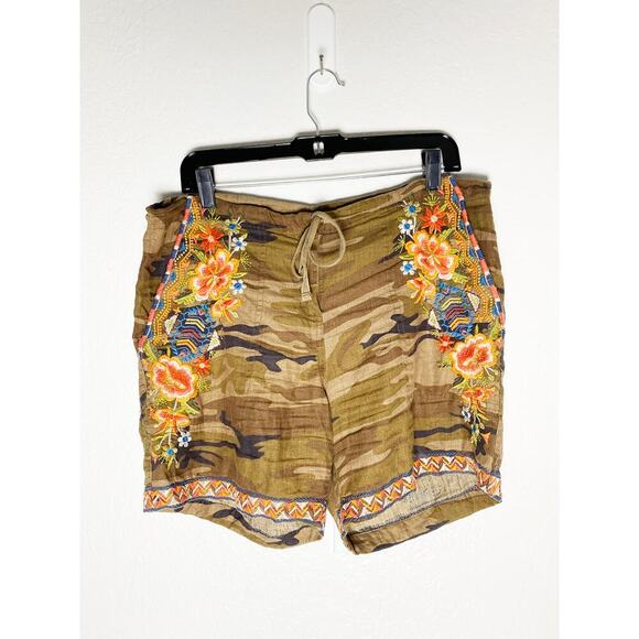 Johnny Was Women's Burken Linen Shorts Camouflauge Floral Embroidery Drawstring - Picture 2 of 8